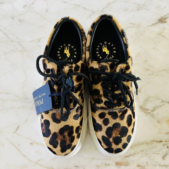 POLO RALPH LAUREN Bryn Brown Black Leopard Leather Sneakers - US 7.5 - Picture 2 of 7